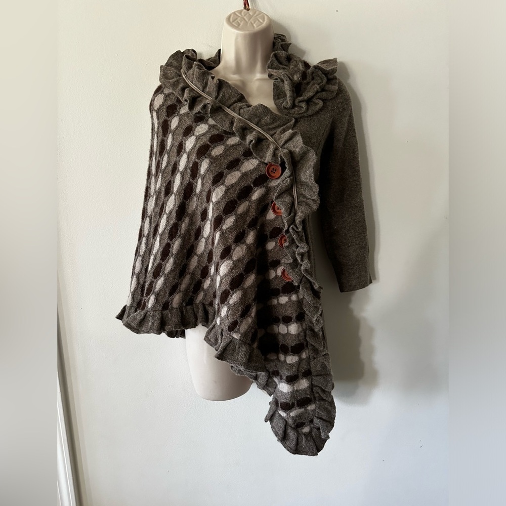 Anthropologie Brown Ruffled Knit Poncho Shrug